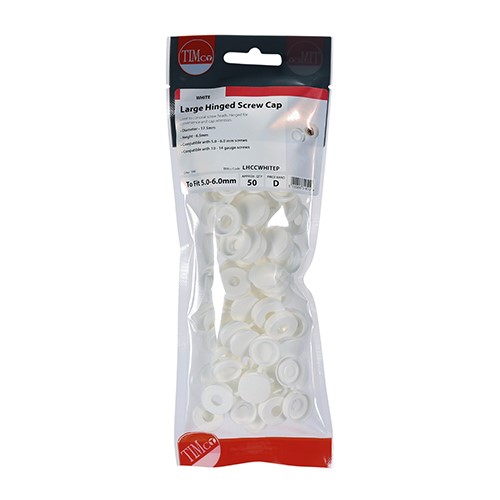 TIMCO Hinged Screw Caps - Large - White to Fit 5.0 to 6.0mm Screw (50 Pack)