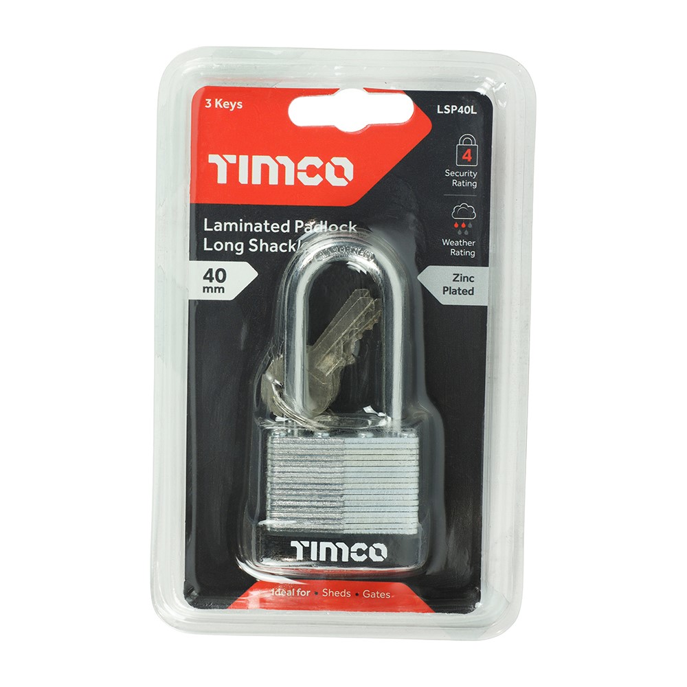 TIMCO Laminated Padlock Long Shackle 40mm