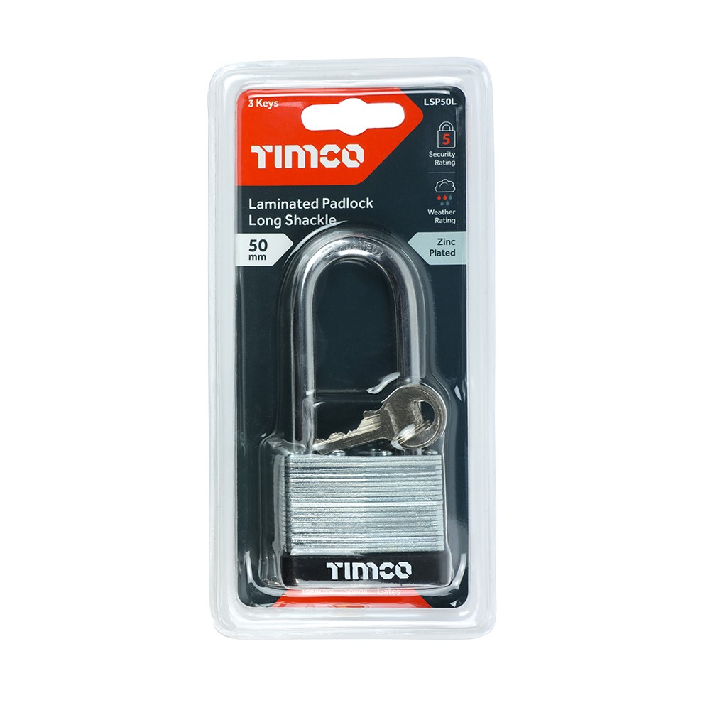 TIMCO Laminated Padlock Long Shackle 50mm