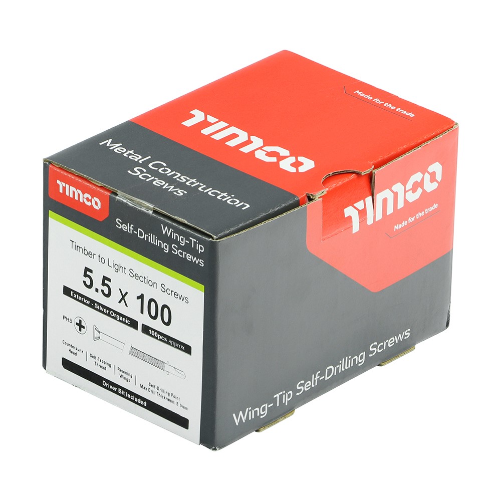 TIMCO Metal Construction Timber to Light Section Screws - Countersunk - Wing-Tip - Self-Drilling - Exterior - Silver Organic 5.5 x 100mm (100 Pack)