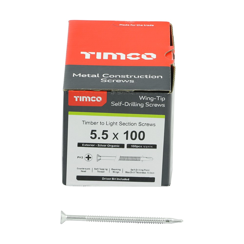 TIMCO Metal Construction Timber to Light Section Screws - Countersunk - Wing-Tip - Self-Drilling - Exterior - Silver Organic 5.5 x 100mm (100 Pack)
