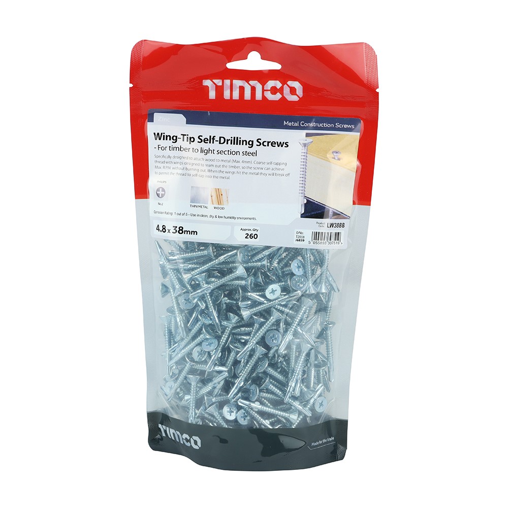 TIMCO Wing-Tip Self-Drilling Screws - Countersunk - PH - For Timber to Light Section Steel - Zinc 4.8 x 38mm (260)