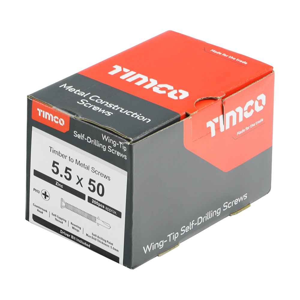 TIMCO Metal Construction Timber to Light Section Screws - Countersunk - Wing-Tip - Self-Drilling - Zinc 5.5 x 50mm (200 Pack)