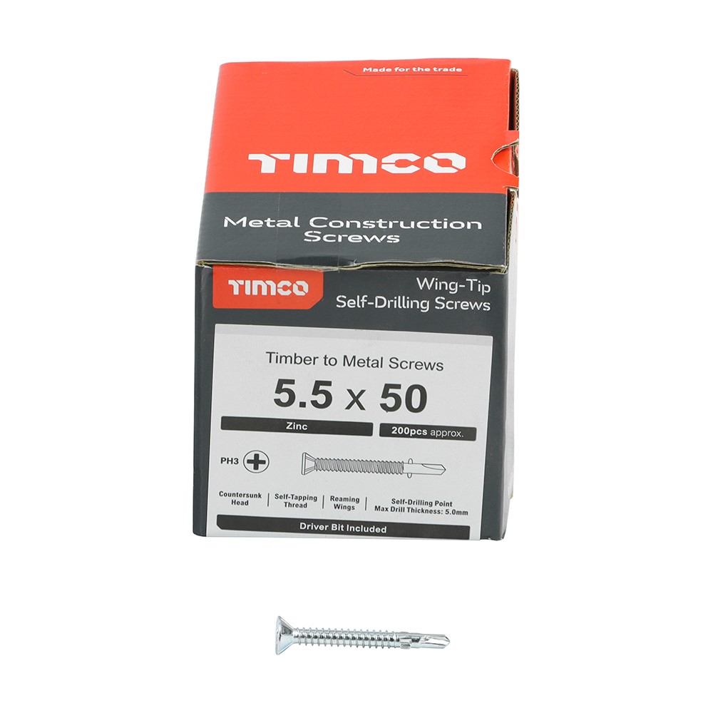TIMCO Metal Construction Timber to Light Section Screws - Countersunk - Wing-Tip - Self-Drilling - Zinc 5.5 x 50mm (200 Pack)