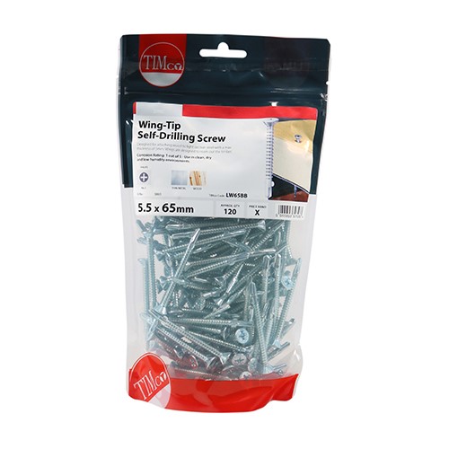 TIMCO Wing-Tip Self-Drilling Screws - Countersunk - PH - For Timber to Light Section Steel - Zinc 5.5 x 65mm (120)