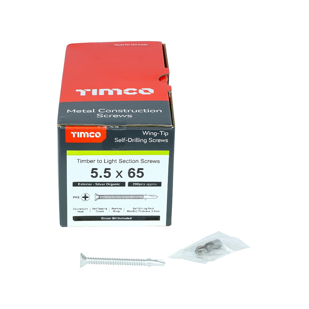 TIMCO Metal Construction Timber to Light Section Screws - Countersunk - Wing-Tip - Self-Drilling - Exterior - Silver Organic 5.5 x 65mm (200 Pack)