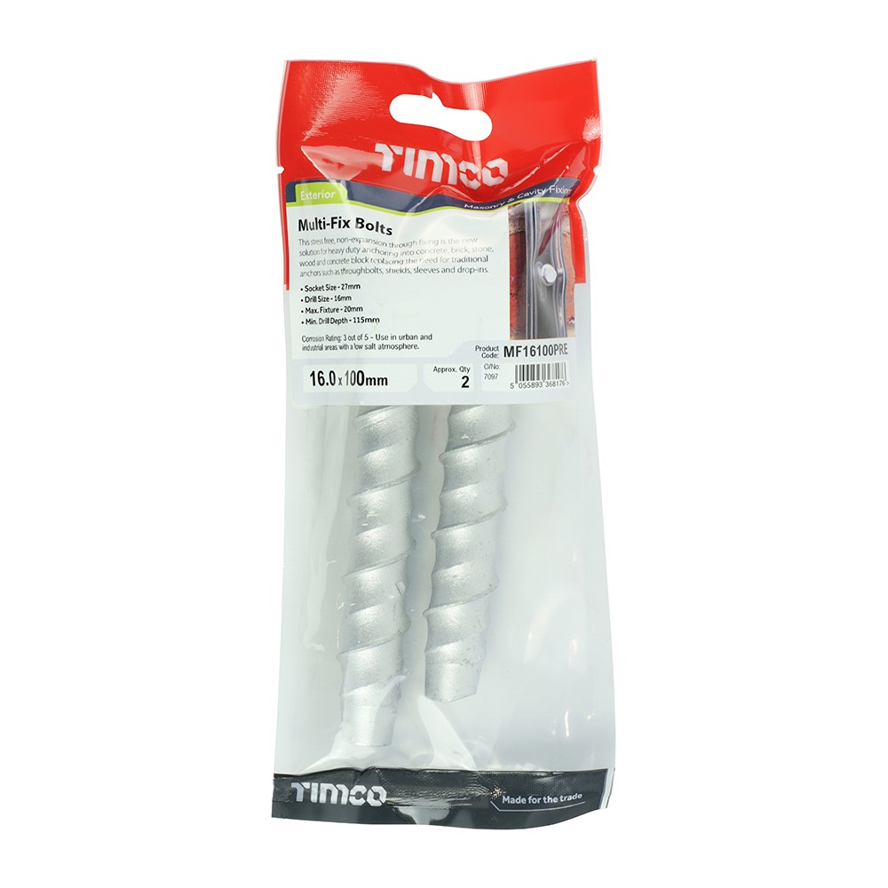 TIMCO Masonry Bolts - Hex - Exterior - Silver 16.0 x 100mm (2)