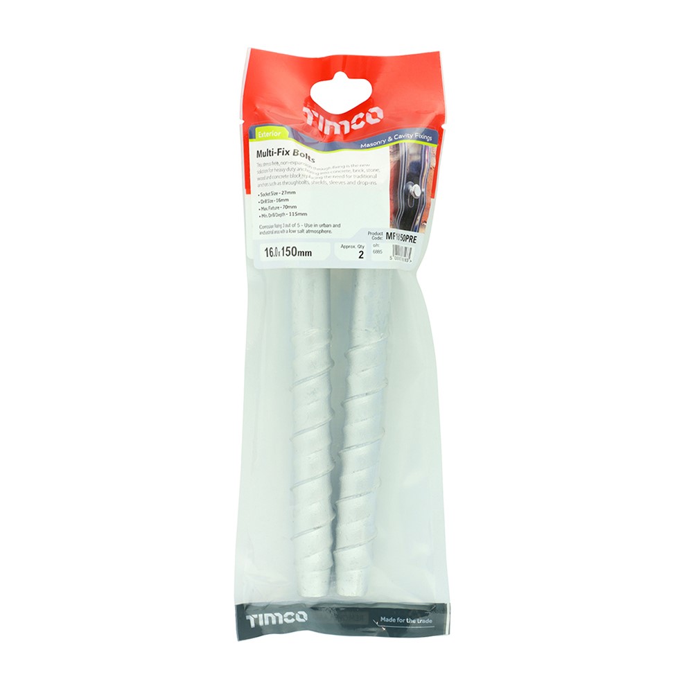 TIMCO Masonry Bolts - Hex - Exterior - Silver 16.0 x 150mm (2)