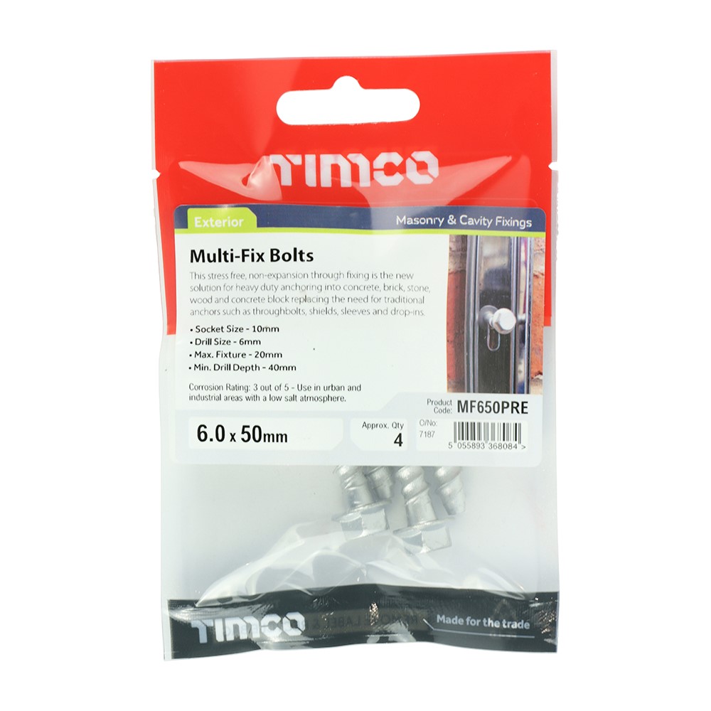 TIMCO Masonry Bolts - Hex Flange - Exterior - Silver 6.0 x 50mm (4 Pack)