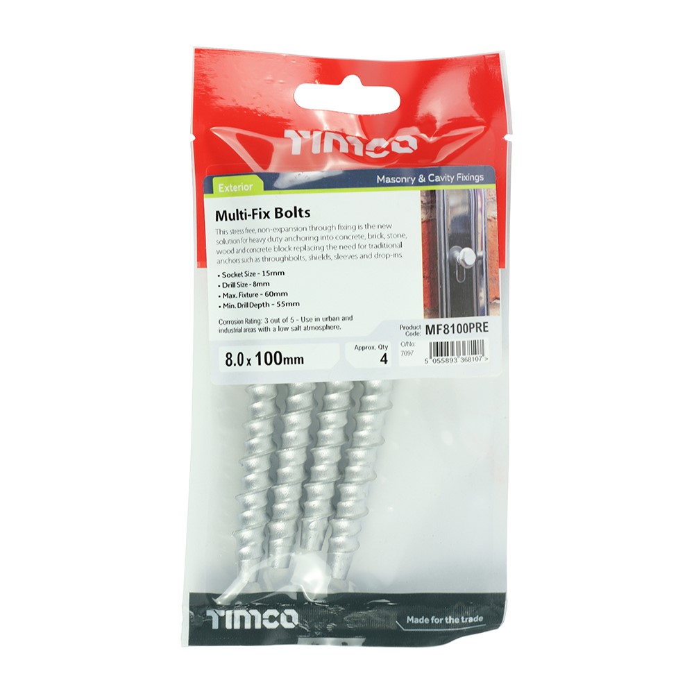 TIMCO Masonry Bolts - Hex - Exterior - Silver 8.0 x 100mm (4)