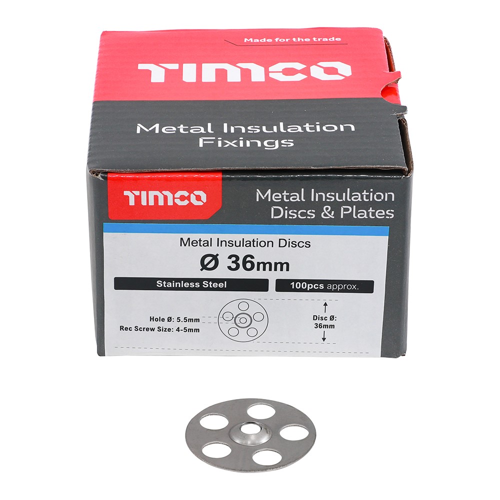 TIMCO Metal Insulation Discs - Stainless Steel 36mm (100 Pack)