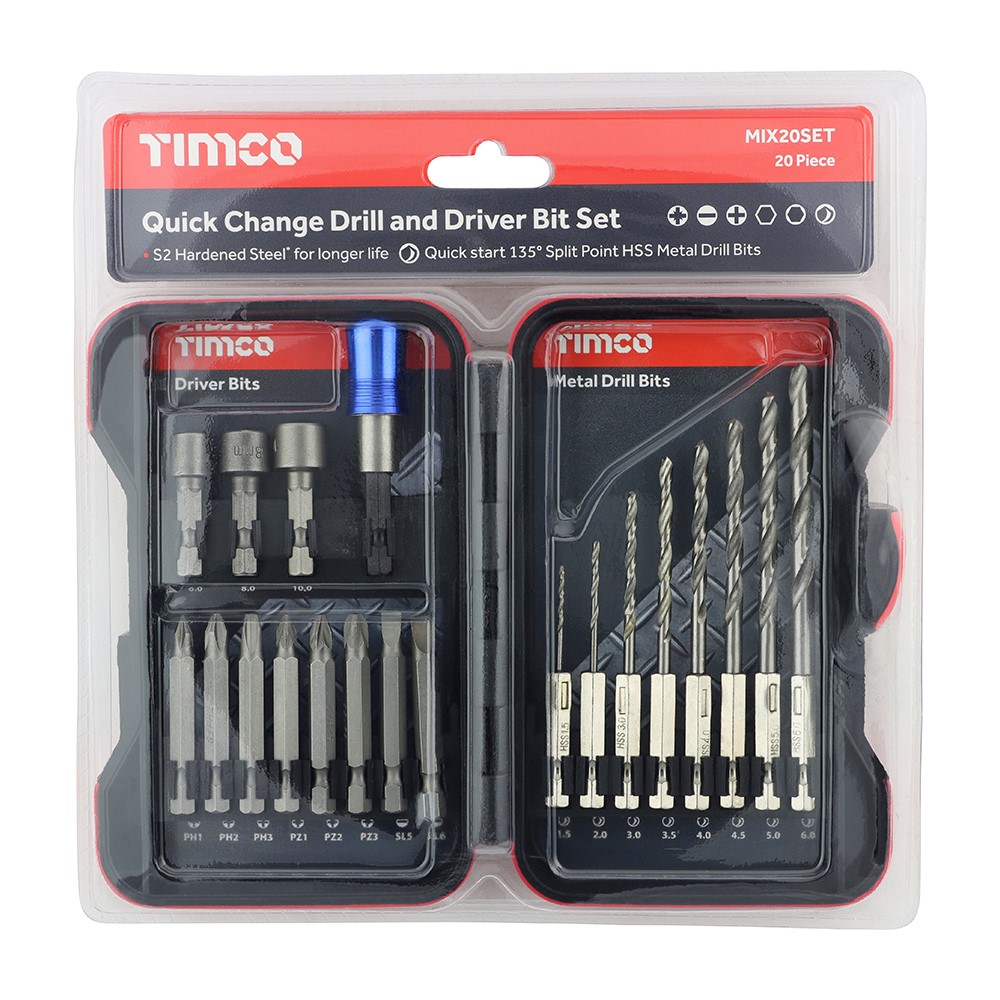 TIMCO Driver Bit & Ground Jobber Drill Bit Set 20 Pack (20 Case)