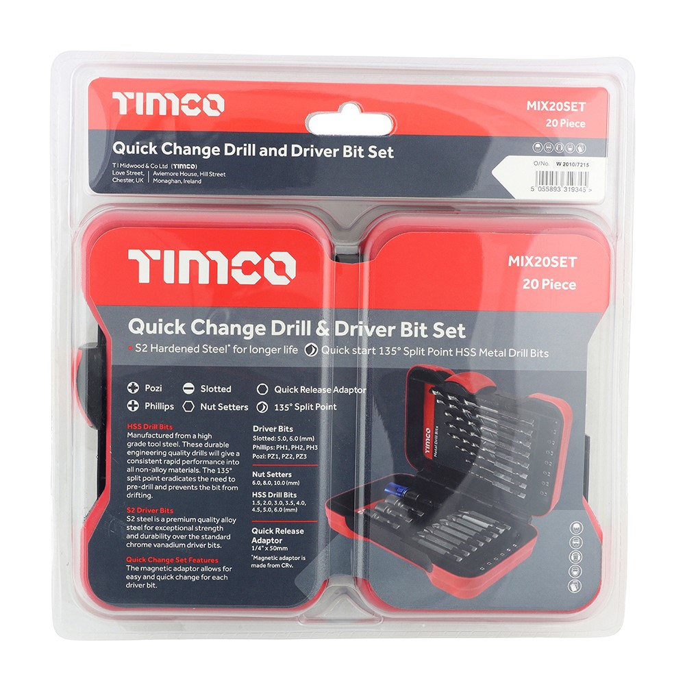 TIMCO Driver Bit & Ground Jobber Drill Bit Set 20 Pack (20 Case)