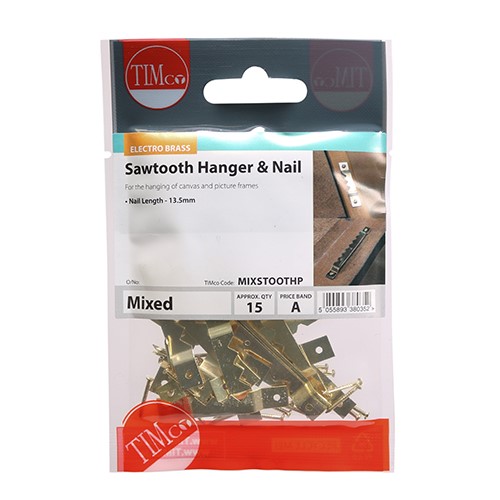TIMCO Mixed Sawtooth Hangers and Nails - Electro Brass 41mm & 63mm (15)