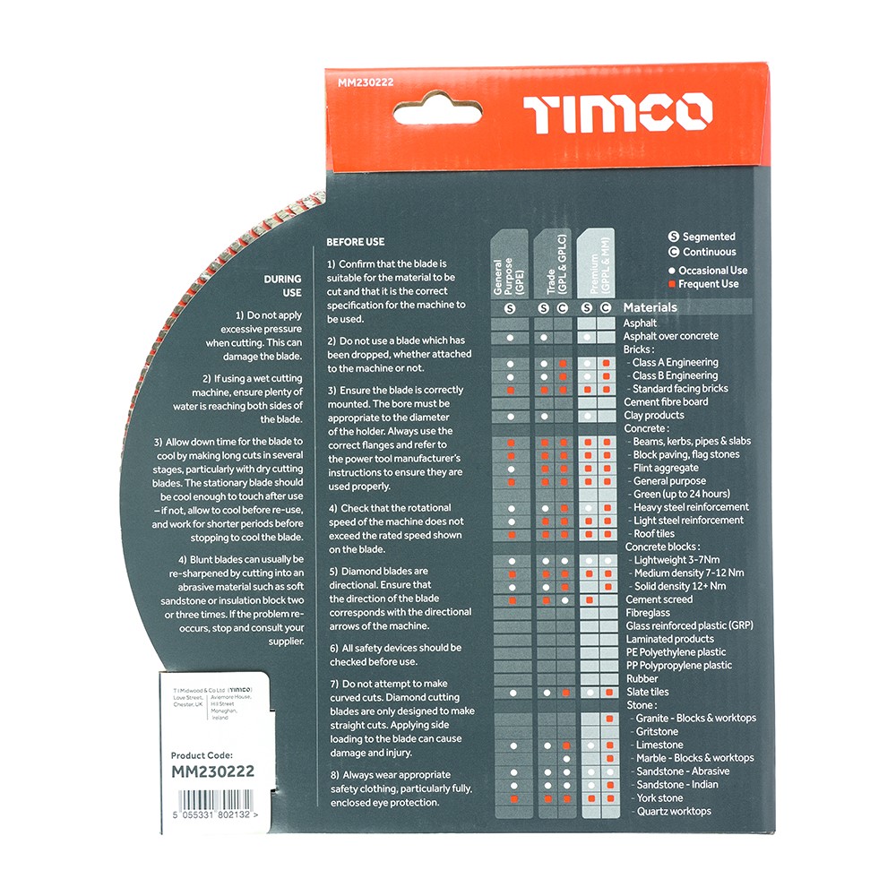 TIMCO Premium Diamond Blade - Turbo Continuous 230 x 22.2mm