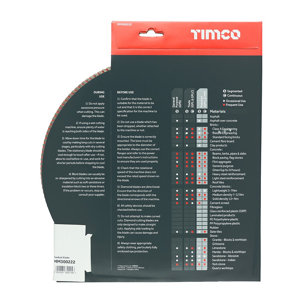 TIMCO Premium Diamond Blade - Turbo Continuous 300 x 22.2mm