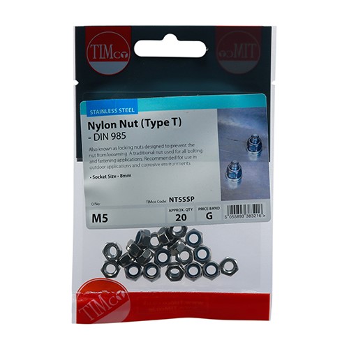 TIMCO Nylon Nuts - Type T - Stainless Steel M5 (20 Pack)