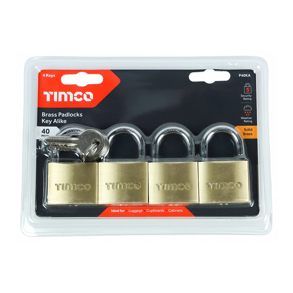 TIMCO Brass Padlocks Key Alike 40mm (4 Pack)