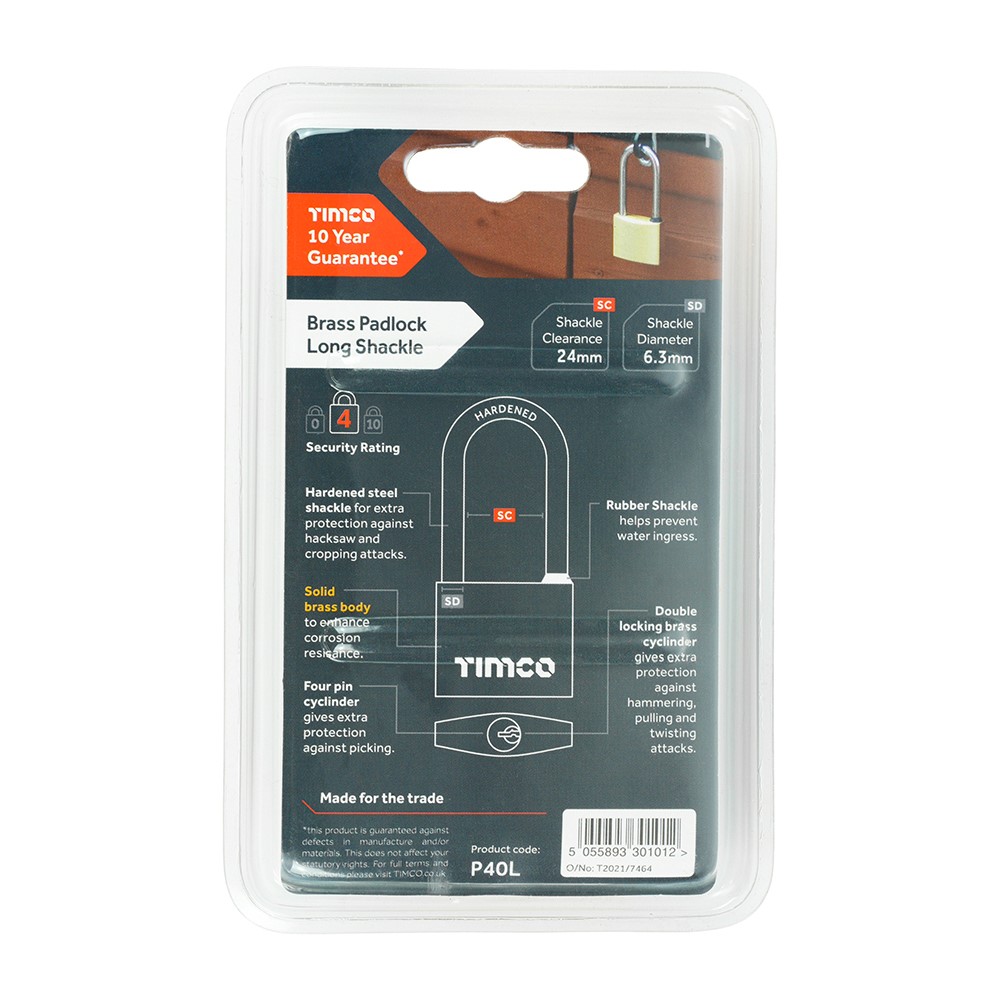 TIMCO Brass Padlock Long Shackle 40mm