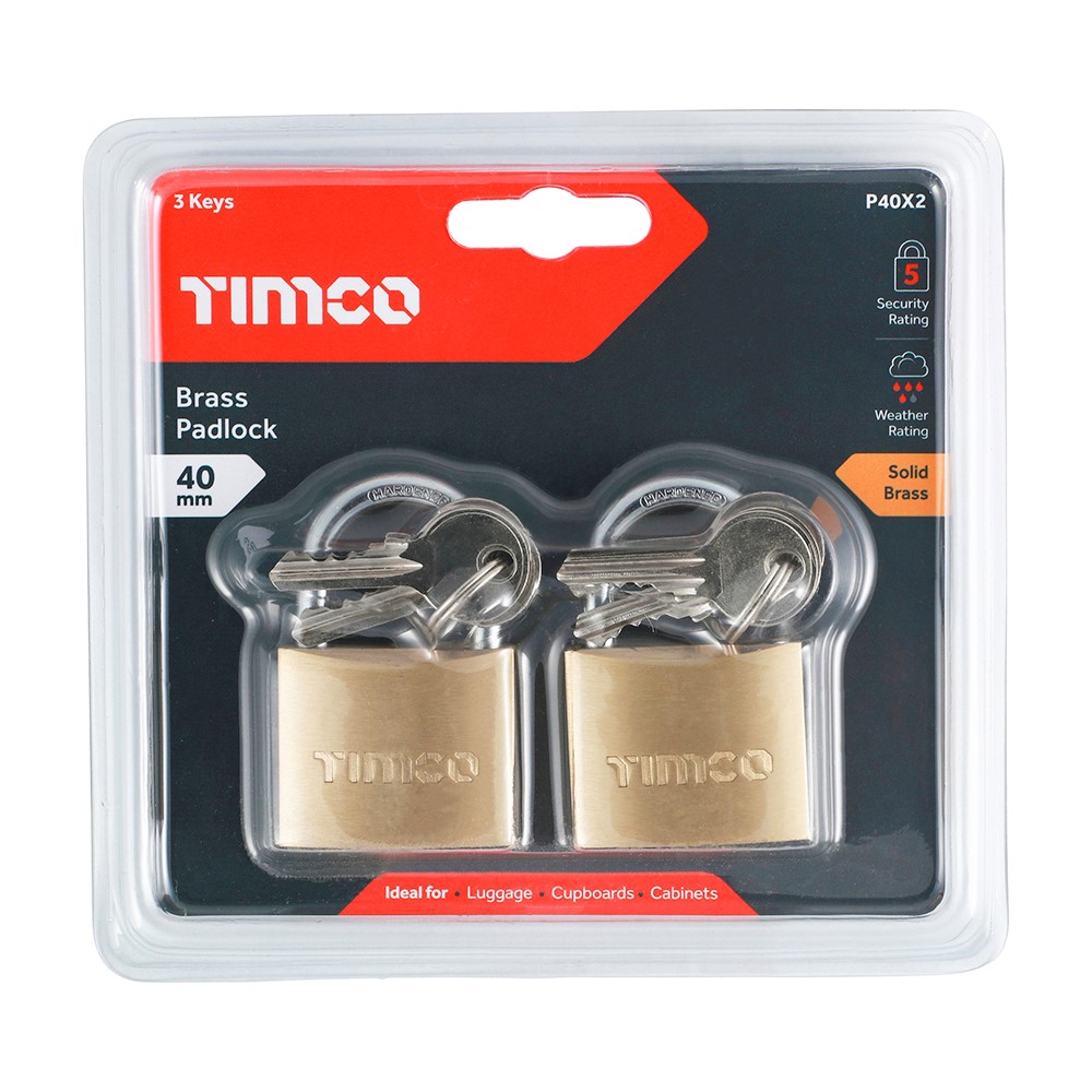 TIMCO Brass Padlock 40mm (2 Pack)