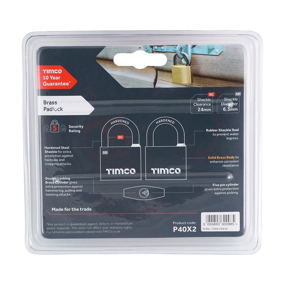 TIMCO Brass Padlock 40mm (2 Pack)