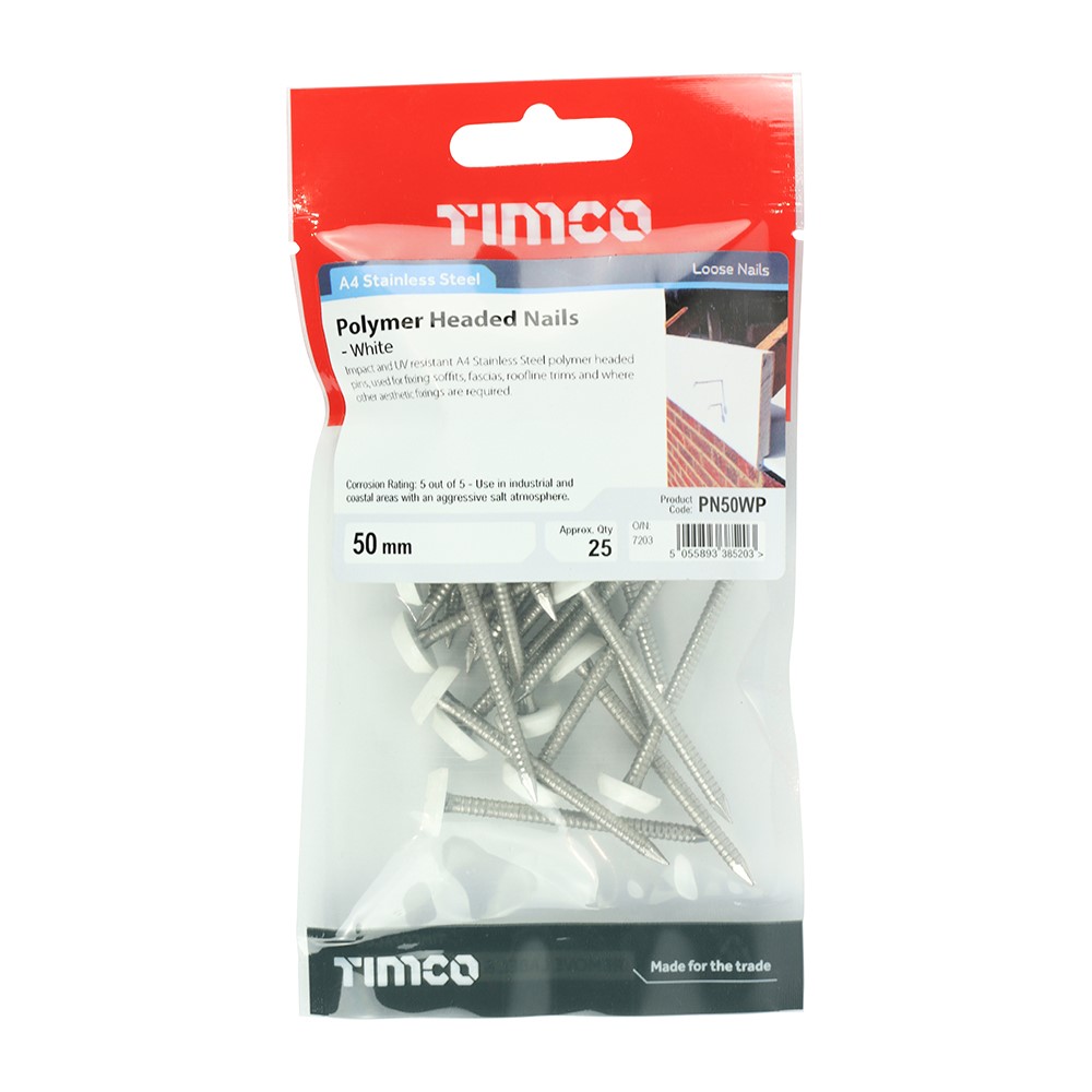 TIMCO Polymer Headed Pins - Stainless Steel - White 50mm (25)