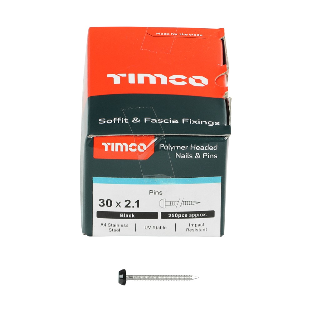 TIMCO Polymer Headed Pins - A4 Stainless Steel - Black 30mm (250 Pack)