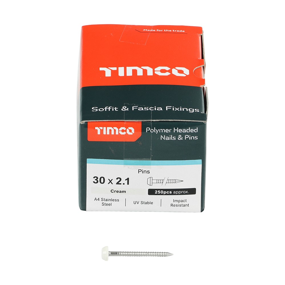 TIMCO Polymer Headed Pins - A4 Stainless Steel - Cream 30mm (250 Pack)
