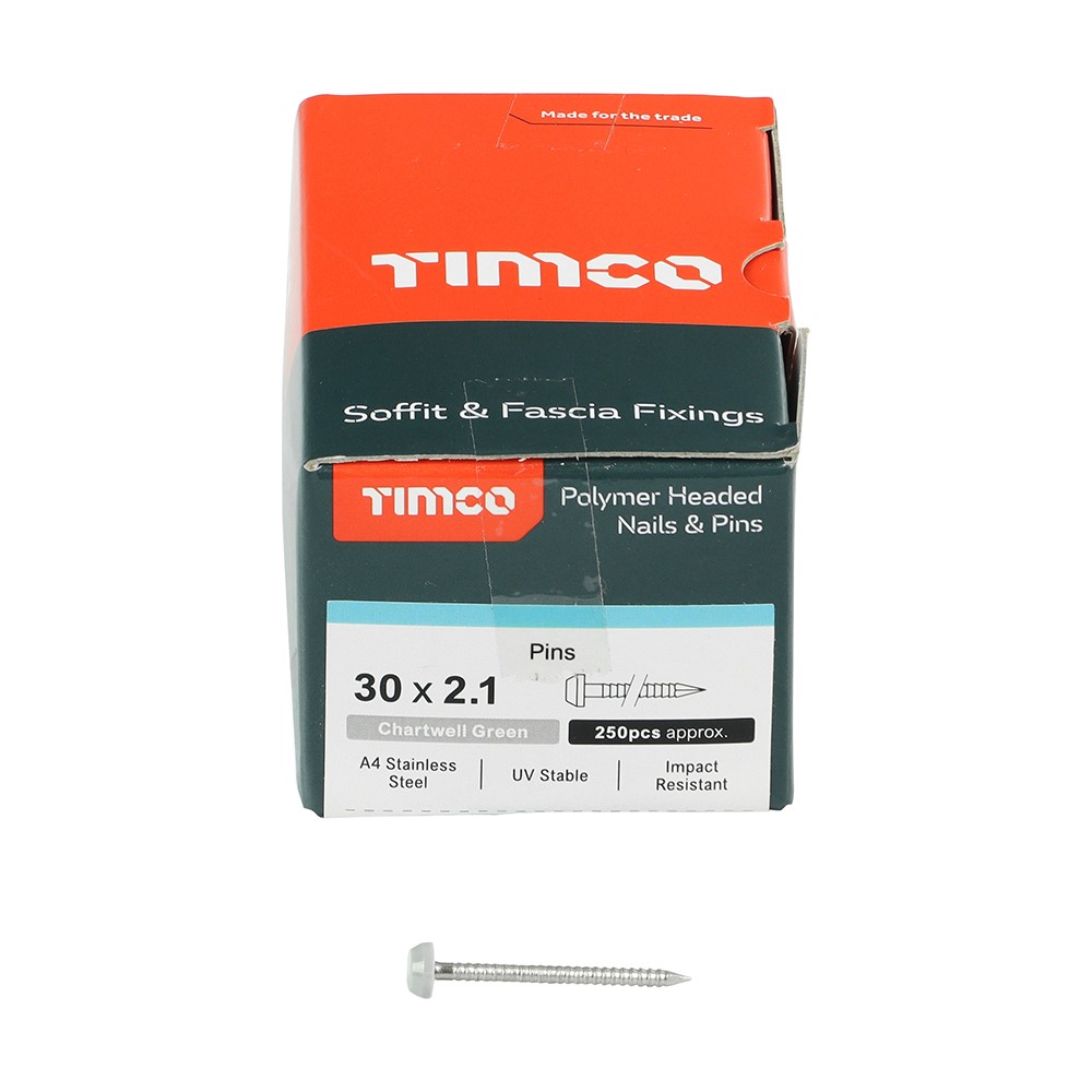 TIMCO Polymer Headed Pins - A4 Stainless Steel - Chartwell Green 30mm (250 Pack)