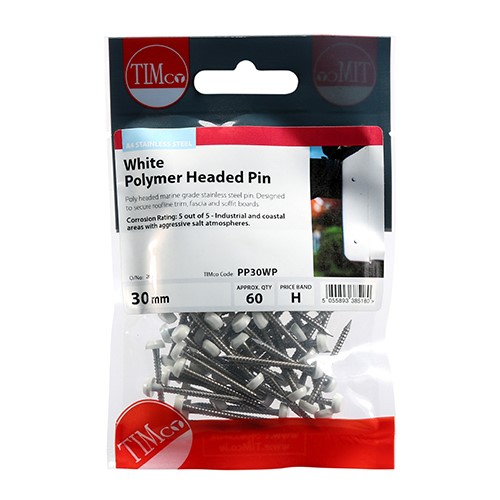 TIMCO Polymer Headed Pins - Stainless Steel - White 30mm (60)
