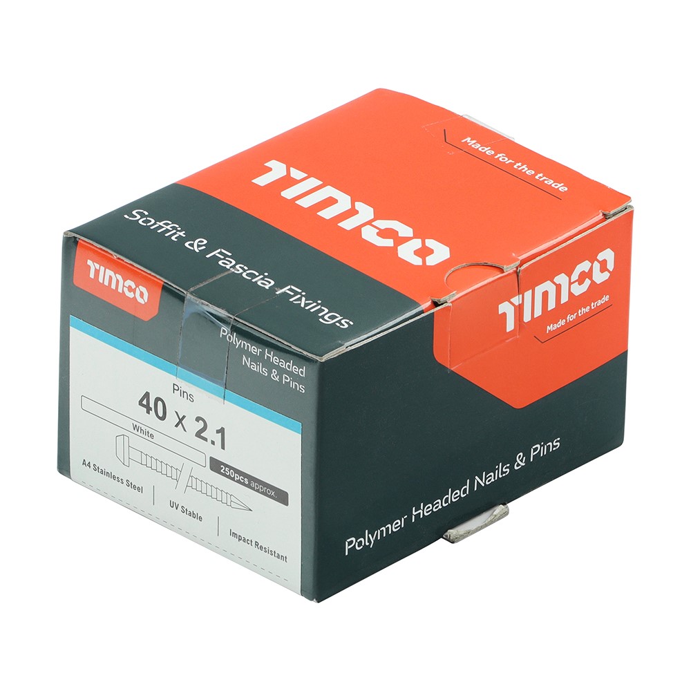 TIMCO Polymer Headed Pins - A4 Stainless Steel - White 40mm (250 Pack)