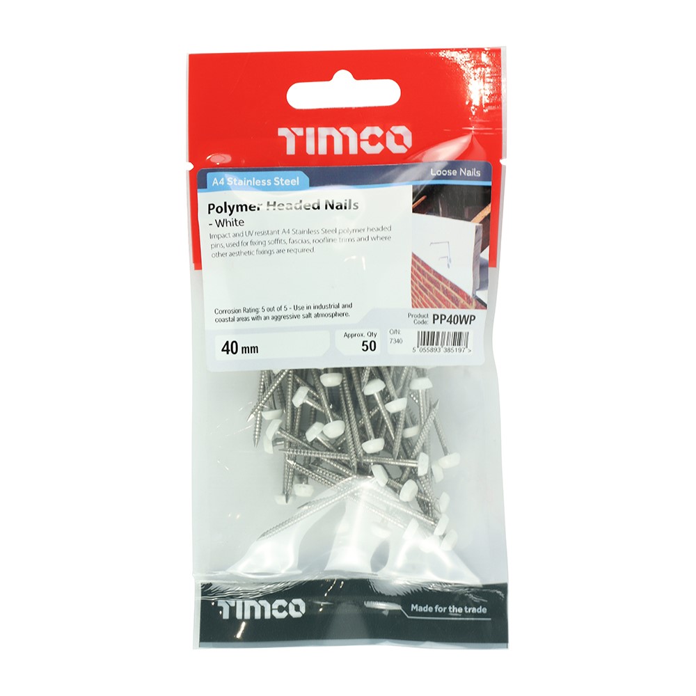 TIMCO Polymer Headed Pins - Stainless Steel - White 40mm (50)