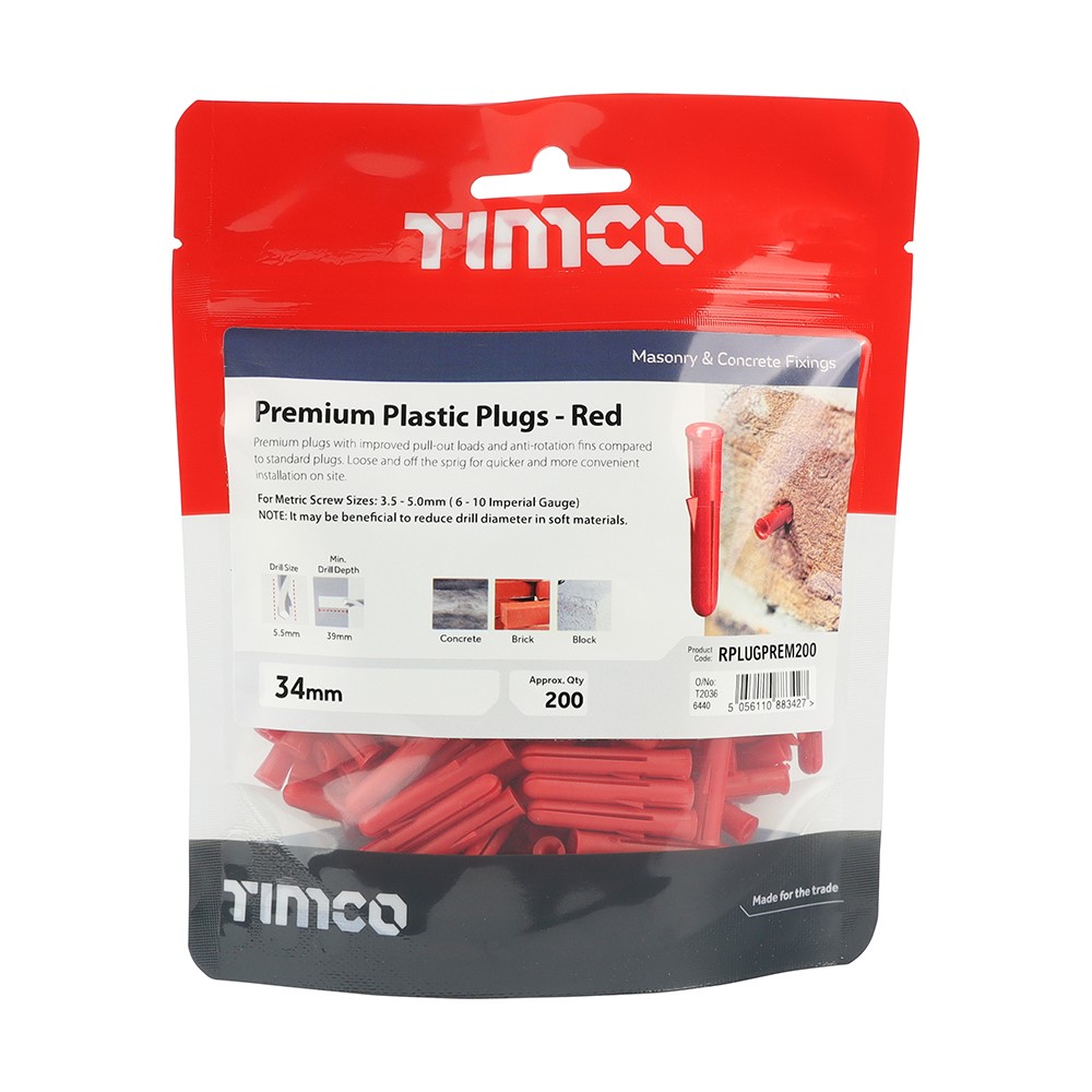 TIMCO Premium Plastic Plugs - Red 34mm (200)