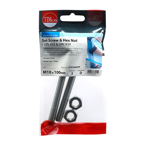 TIMCO Set Screws & Hex Nuts - Stainless Steel M10 x 100mm (2 Pack)