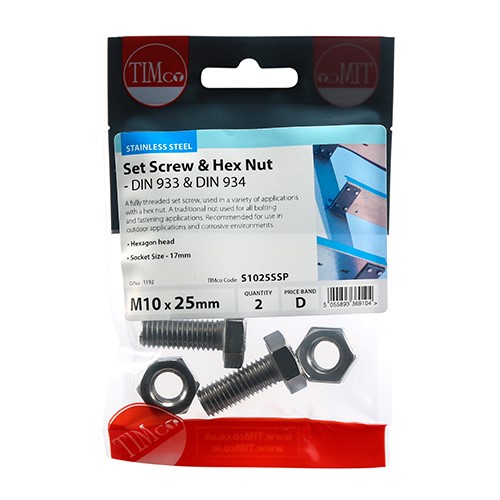 TIMCO Set Screws & Hex Nuts - Stainless Steel M10 x 25mm (2 Pack)