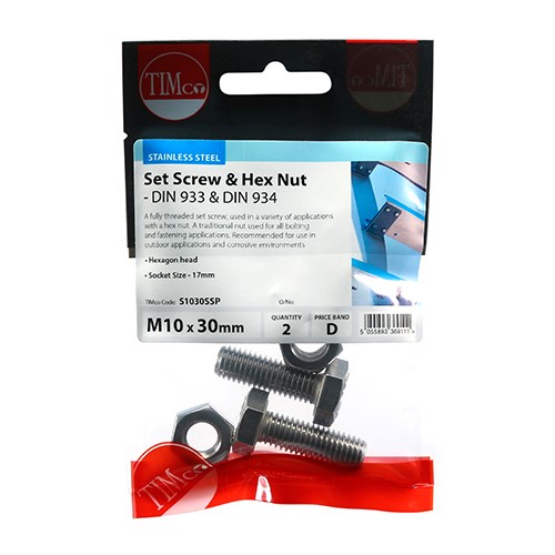 TIMCO Set Screws & Hex Nuts - Stainless Steel M10 x 30mm (2 Pack)