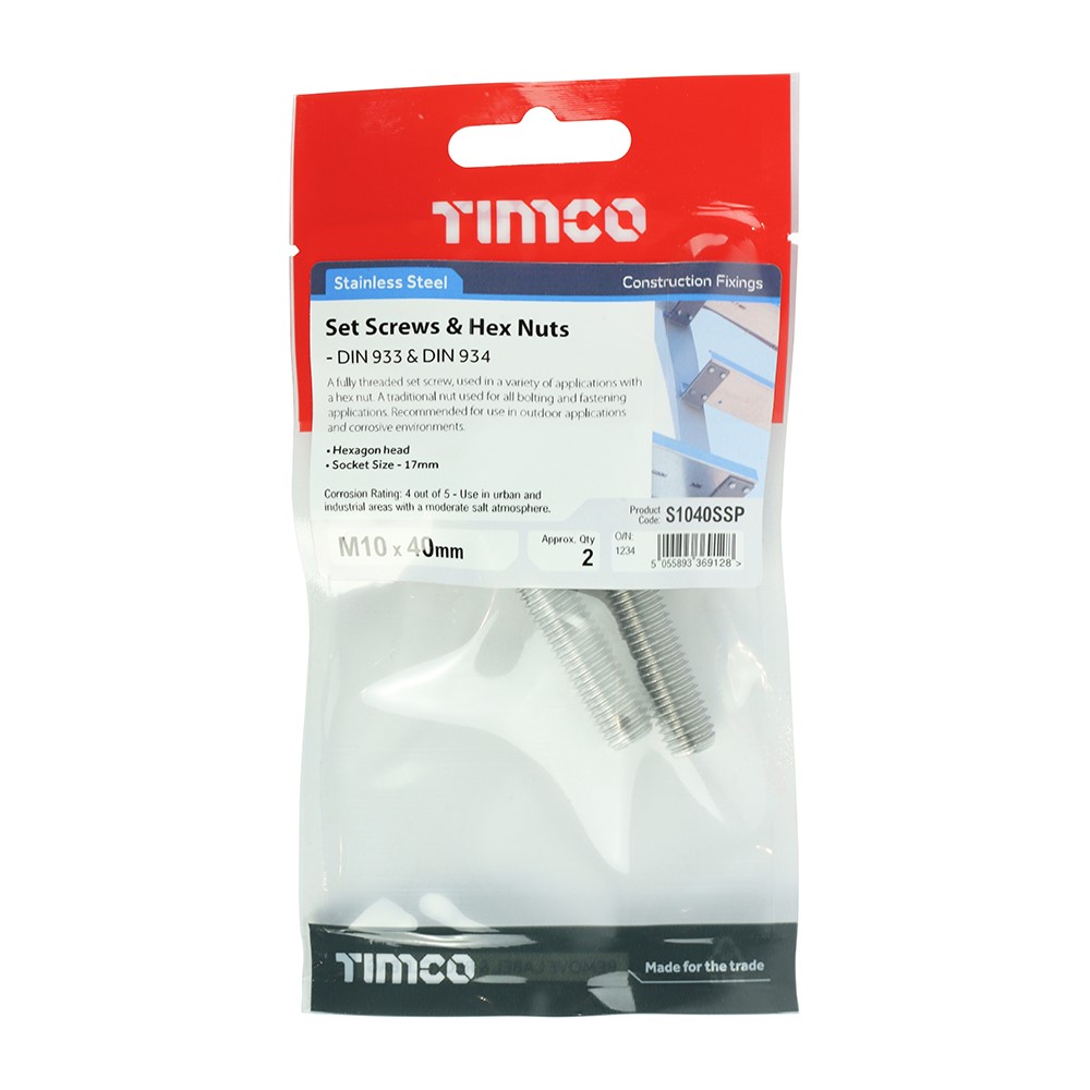 TIMCO Set Screws & Hex Nuts - Stainless Steel M10 x 40mm (2 Pack)