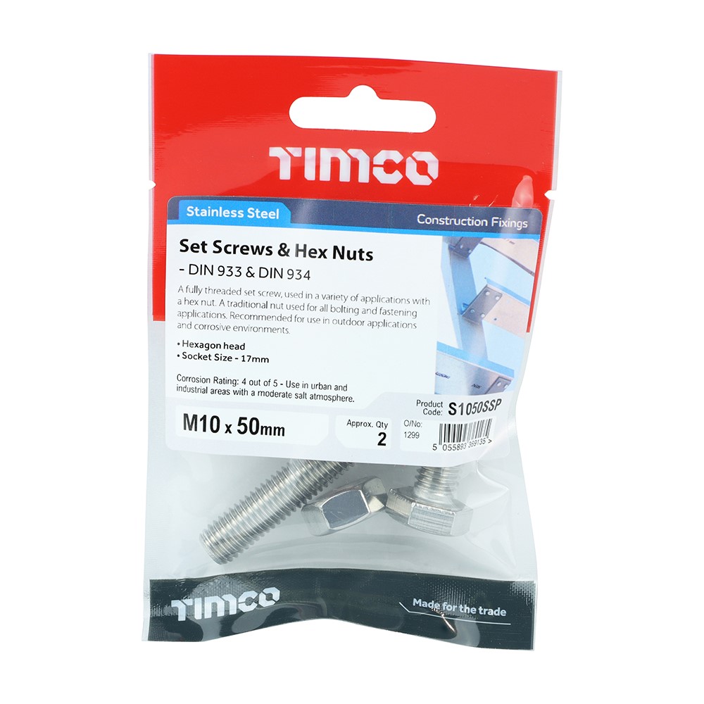 TIMCO Set Screws & Hex Nuts - Stainless Steel M10 x 50mm (2 Pack)