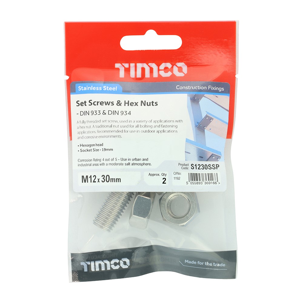 TIMCO Set Screws & Hex Nuts - Stainless Steel M12 x 30mm (2 Pack)