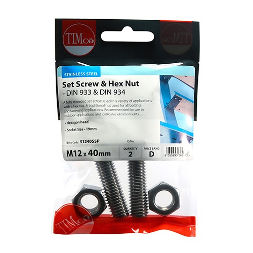 TIMCO Set Screws & Hex Nuts - Stainless Steel M12 x 40mm (2 Pack)