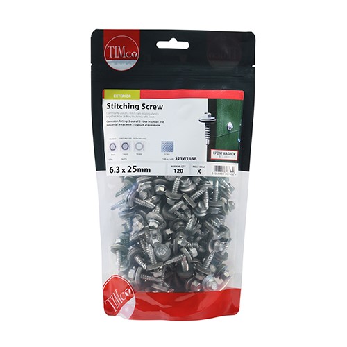 TIMCO Stitching Screws - Hex - For Sheet Steel - Exterior - Silver - With EPDM Washer 6.3 x 25mm (120)