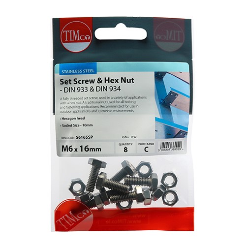 TIMCO Set Screws & Hex Nuts - Stainless Steel M6 x 16mm (8 Pack)