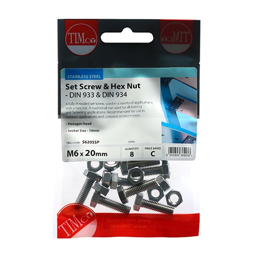 TIMCO Set Screws & Hex Nuts - Stainless Steel M6 x 20mm (8 Pack)