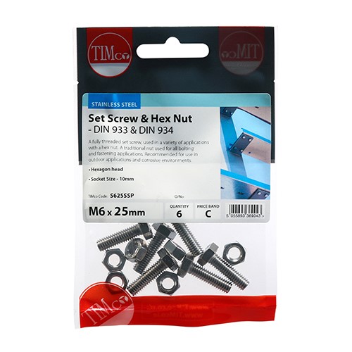 TIMCO Set Screws & Hex Nuts - Stainless Steel M6 x 25mm (6 Pack)