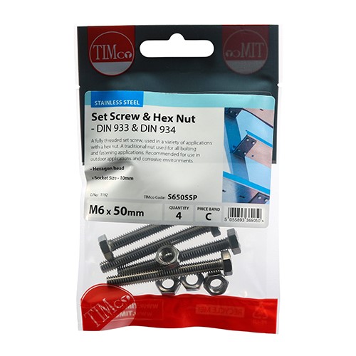 TIMCO Set Screws & Hex Nuts - Stainless Steel M6 x 50mm (4 Pack)