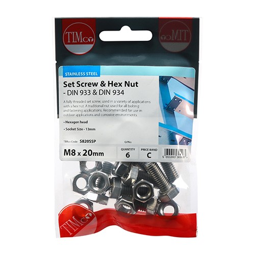 TIMCO Set Screws & Hex Nuts - Stainless Steel M8 x 20mm (6 Pack)