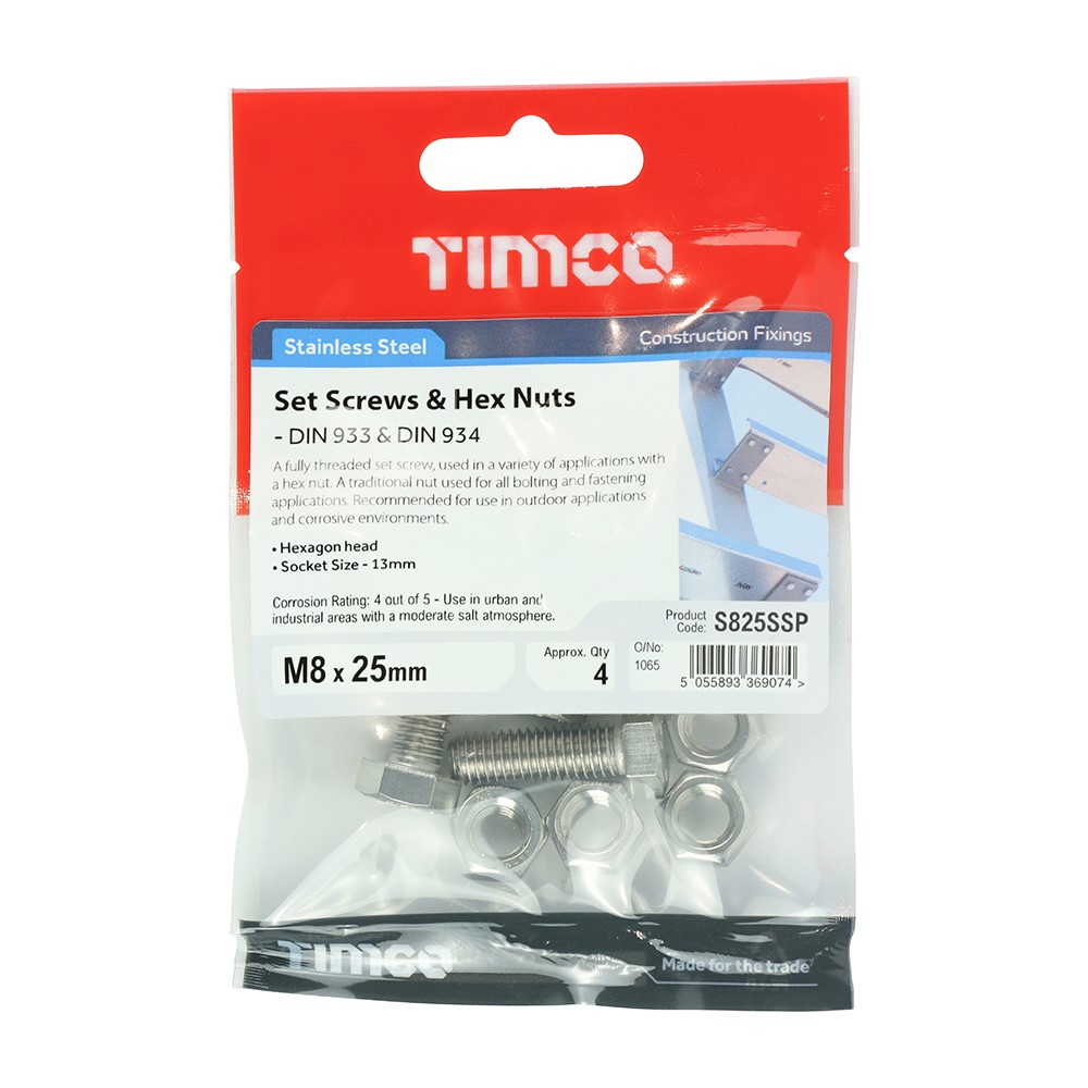 TIMCO Set Screws & Hex Nuts - Stainless Steel M8 x 25mm (4 Pack)