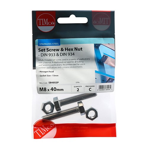 TIMCO Set Screws & Hex Nuts - Stainless Steel M8 x 40mm (2 Pack)