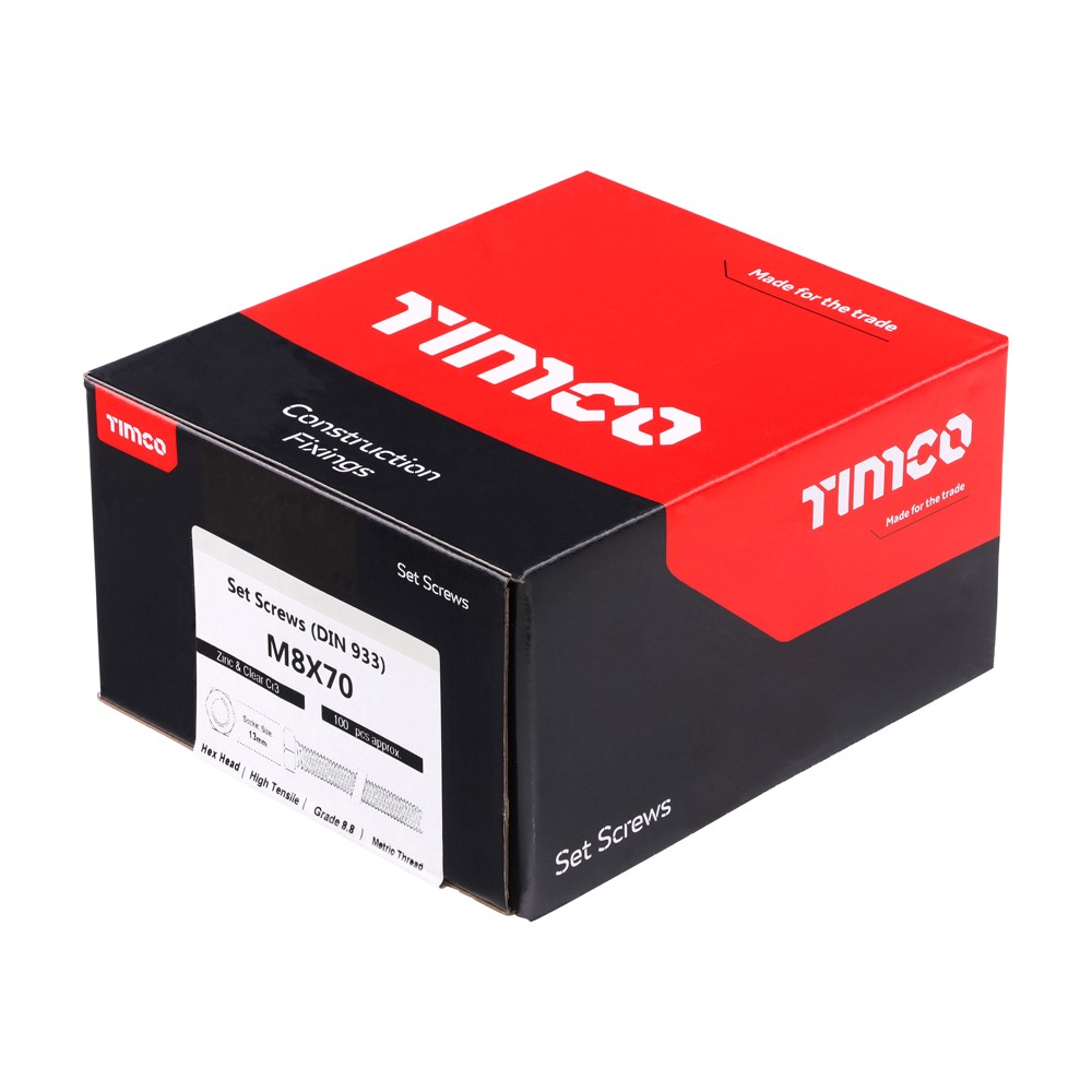 TIMCO Set Screws Grade 8.8 DIN 933 Bright Zinc Plated M8 x 70mm (100 Pack)