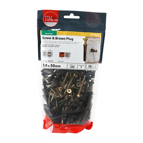 TIMCO Brown Plastic Plugs with Screws 35mm Brown Plug, 5.0 x 50mm Screw (125)